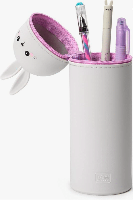 Photo de la trousse bunny gris et rose avec les crayons dedans aperçu