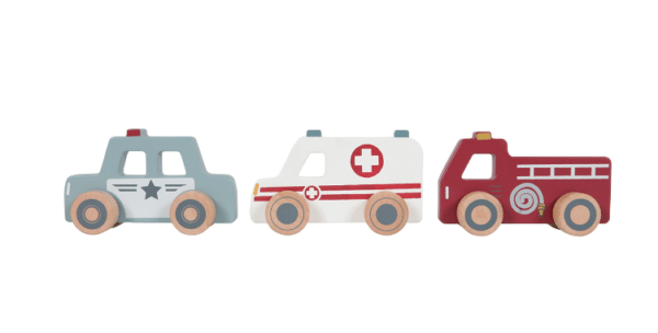 SET véhicule en bois little dutch : pompier, ambulance, police
